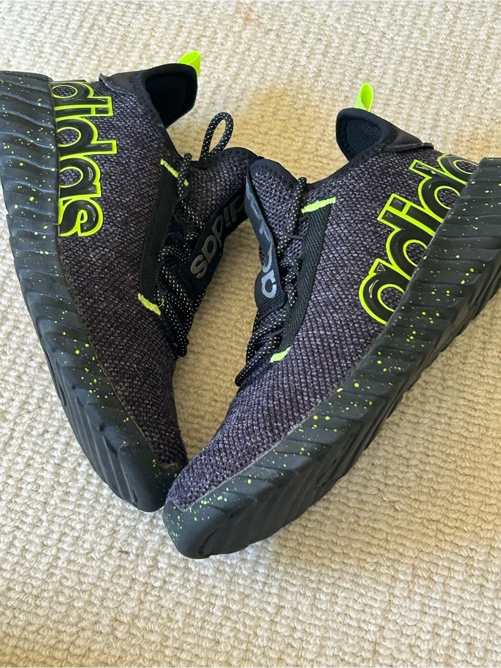 adidas Kids Black Knit Sneakers with Neon Green Accents